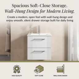 Balterley Wall Hung 2 Drawers Vanity Unit - Minimalist Basin 500mm, Satin White - thumbnail 3