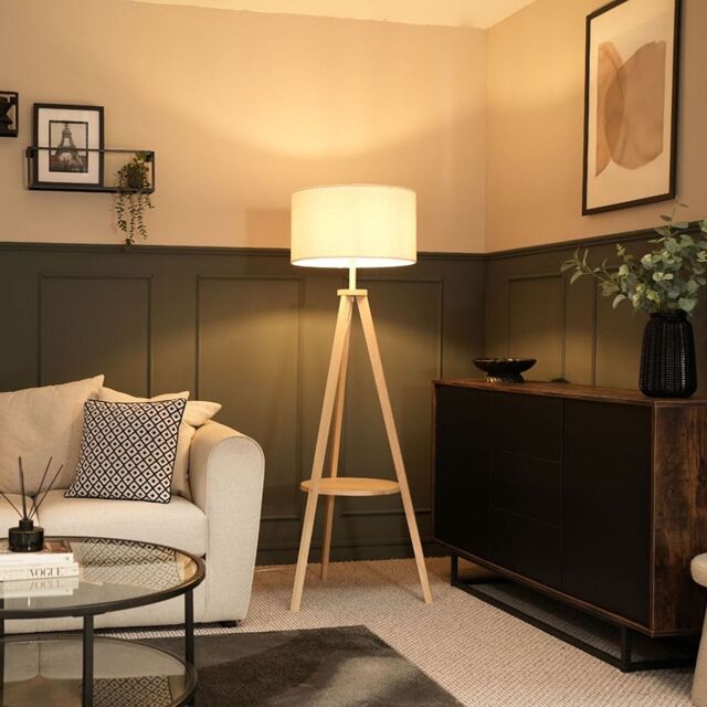 ValueLights Morrigan Natural Wood Tripod Floor Lamp with Cream Boucle Drum Shade - image 1