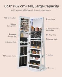 SONGMICS LED Swivel Mirror Jewellery Cabinet with Lockable Storage in Black - thumbnail 5