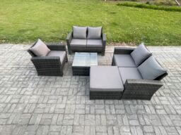 Fimous Outdoor Rattan Garden Furniture Set Conservatory Patio Sofa Coffee Table Set with Chair Big Footstool Dark Grey Mixed - thumbnail 1
