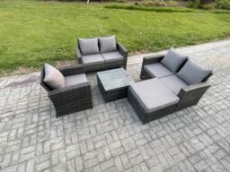 Fimous Outdoor Rattan Garden Furniture Set Conservatory Patio Sofa Coffee Table Set with Chair Big Footstool Dark Grey Mixed - thumbnail 2