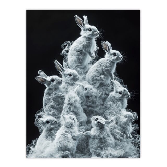 "Artery8 Pile Bundle of Cute Bunnies Smoke Effect Wall Art Print in White - Size: W12"" x H16""" - image 1