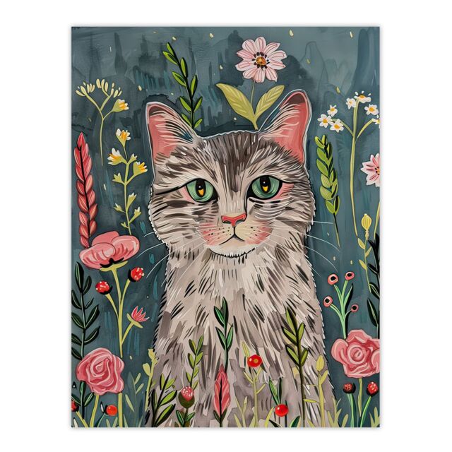 "Artery8 Cat Lover Pet Portrait Night Time Flower Garden Wall Art Print in Pale Blue - Size: W24"" x H32""" - image 1