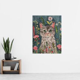 "Artery8 Cat Lover Pet Portrait Night Time Flower Garden Wall Art Print in Pale Blue - Size: W24"" x H32""" - thumbnail 4