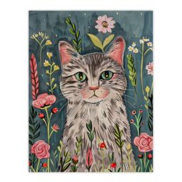 "Artery8 Cat Lover Pet Portrait Night Time Flower Garden Wall Art Print in Pale Blue - Size: W24"" x H32""" - thumbnail 1