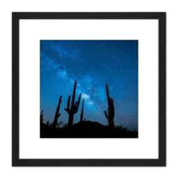 Artery8 BLM Night Sky Sonoran Desert Arizona Cactus Silhouettes 8X8 Inch Square Wooden Framed Wall Art Print Picture with Mount in Black - thumbnail 1