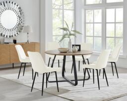 FurnitureboxUK Santorini Brown Round Dining Table & 6 Pesaro Black Leg Chairs in Cream - thumbnail 1