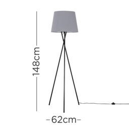 ValueLights Camden Black Metal Tripod Floor Lamp with Grey Tapered Lamp Shade - thumbnail 8