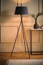 ValueLights Camden Black Metal Tripod Floor Lamp with Grey Tapered Lamp Shade - thumbnail 2