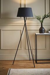 ValueLights Camden Black Metal Tripod Floor Lamp with Grey Tapered Lamp Shade - thumbnail 1
