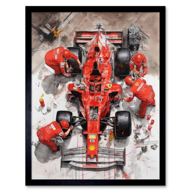 "Artery8 Grand Prix Race Car Wheel Change Aerial Shot 12x16"" Framed Art Print in Red - Size: W12"" x H16""" - image 1