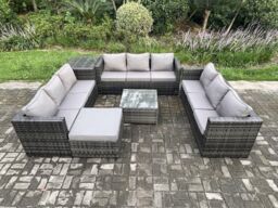 Fimous Outdoor Rattan Garden Furniture Set 10 Seater Patio Lounge Sofa Set with Side Table Square Coffee Table Big Footstool in Dark Grey - thumbnail 1