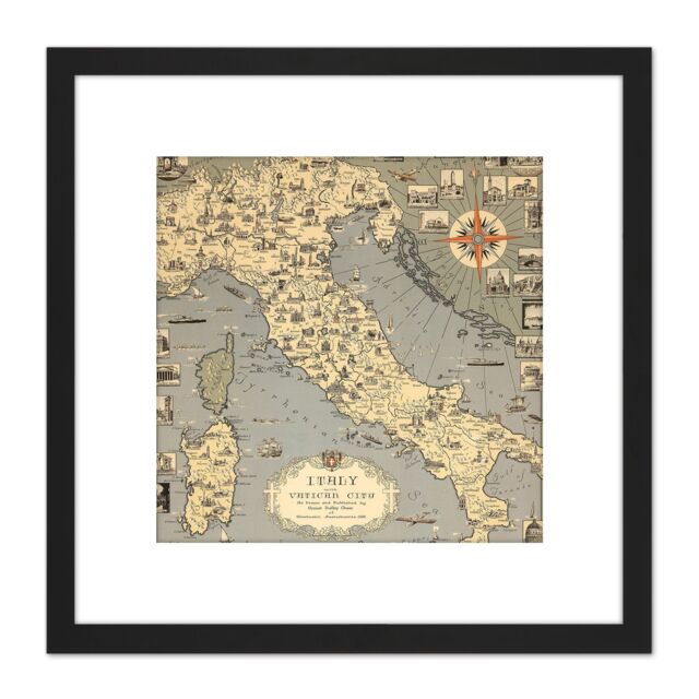 Artery8 1935 Ernest Dudley Chase Map Italy With Vatican City 8X8 Inch Square Wooden Framed Wall Art Print Picture with Mount in Black - image 1