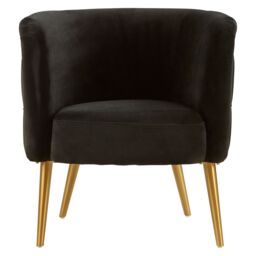Orsina Black Velvet Tub Chair With Gold Finish Legs, Luxe Curved Barrel Design Accent Chair, Lounge Chair