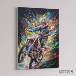 "Artery8 Motorcycle Motocross Rider Colourful Canvas Wall Art Print - Size: W24"" x H32""" - thumbnail 2
