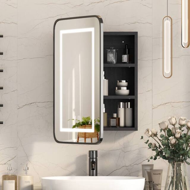 KEEPREAPER Sleek Bathroom Mirror Cabinet With 3 Colour LED Lights 50x76 / 40x60 in Black - Size: W500mm X H760mm - image 1