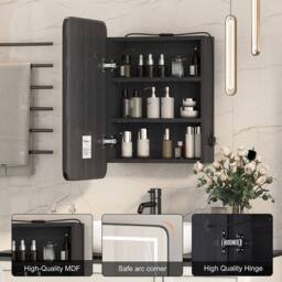 KEEPREAPER Sleek Bathroom Mirror Cabinet With 3 Colour LED Lights 50x76 / 40x60 in Black - Size: W500mm X H760mm - thumbnail 4