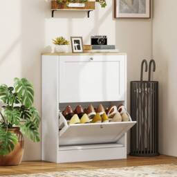 Wyld Haus Lori White Shoe Cabinet with Natural Top 2 Flip Down Drawers - thumbnail 3