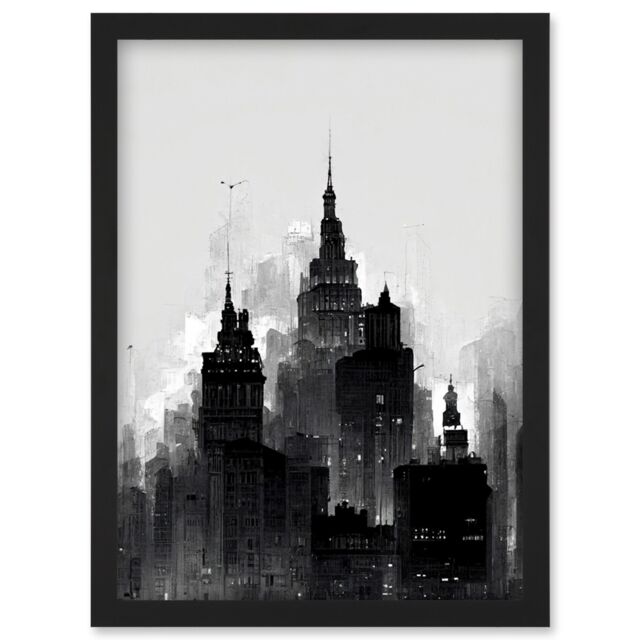 Artery8 Skyscraper Cityscape Charcoal Illustration Black White Artwork Framed Wall Art Print A4 - image 1