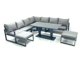 Fimous 9 Seater Outdoor Aluminum Garden Furniture Set Corner Sofa 2 Big Footstools Adjustable Rising Lifting Dining Table Sets Dark Grey - thumbnail 2