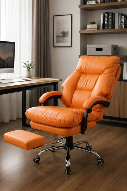 Living and Home Ergonomic Faux Leather Office Chair with Reclining & Footrest in Orange - image 1
