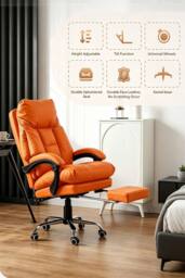 Living and Home Ergonomic Faux Leather Office Chair with Reclining & Footrest in Orange - thumbnail 4