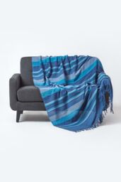 Homescapes Cotton Morocco Striped Throw in Blue - Size: 255 cm x 360 cm