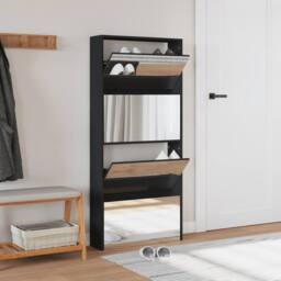Berkfield Home Shoe Cabinet with Mirror 4-Layer Black 63x17x134 cm - Size: 63 x 17 x 134 cm - thumbnail 3
