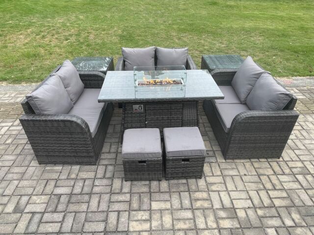 Fimous 8 Seater Outdoor Rattan Furniture Garden Dining Set Gas Fire Pit Table with Side Table Love Sofa 2 Small Footstools in Dark Grey - image 1
