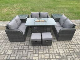 Fimous 8 Seater Outdoor Rattan Furniture Garden Dining Set Gas Fire Pit Table with Side Table Love Sofa 2 Small Footstools in Dark Grey - thumbnail 1