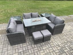 Fimous 8 Seater Outdoor Rattan Furniture Garden Dining Set Gas Fire Pit Table with Side Table Love Sofa 2 Small Footstools in Dark Grey - thumbnail 3