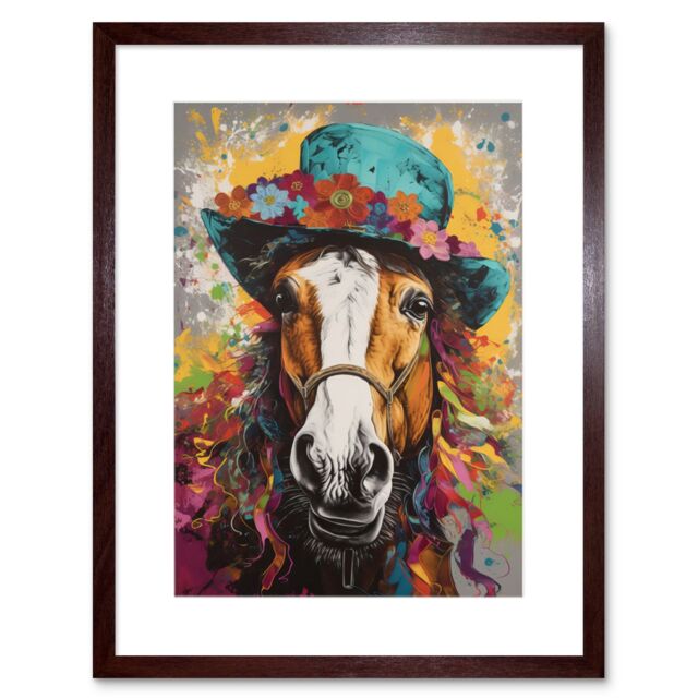"Artery8 Wall Art Print Horse Wearing a Flower Summer Hat Multicoloured Artwork Framed 9X7 Inch in Brown - Size: W7"" x H9""" - image 1