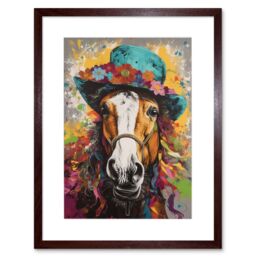 "Artery8 Wall Art Print Horse Wearing a Flower Summer Hat Multicoloured Artwork Framed 9X7 Inch in Brown - Size: W7"" x H9""" - thumbnail 1