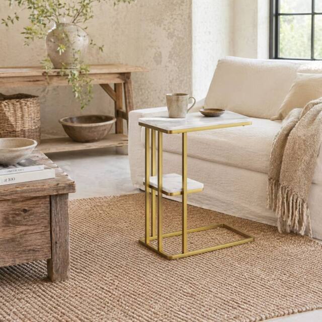 Wyld Haus Neso Slim C Shaped Side Table White Marble Grain Top Gold Tone Frame - image 1