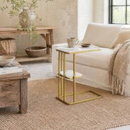 Wyld Haus Neso Slim C Shaped Side Table White Marble Grain Top Gold Tone Frame - thumbnail 1