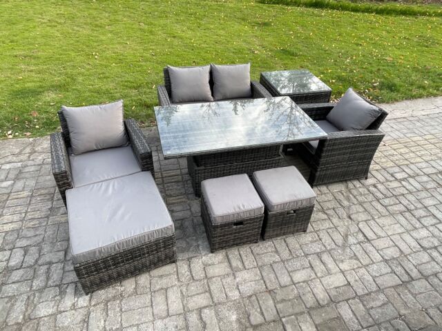 Fimous High Back Rattan Garden Furniture Sofa Sets with Height Adjustable Rising Lifting Table Side Table in Dark Grey