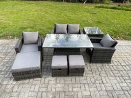 Fimous High Back Rattan Garden Furniture Sofa Sets with Height Adjustable Rising Lifting Table Side Table in Dark Grey - thumbnail 2