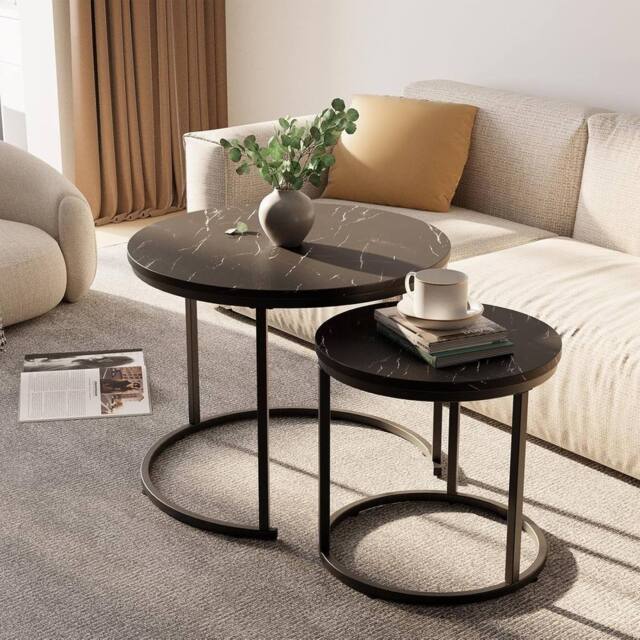 Huhote Black Frame Wood Marble Nesting Table Round Coffee End Side Table 2Pcs - image 1