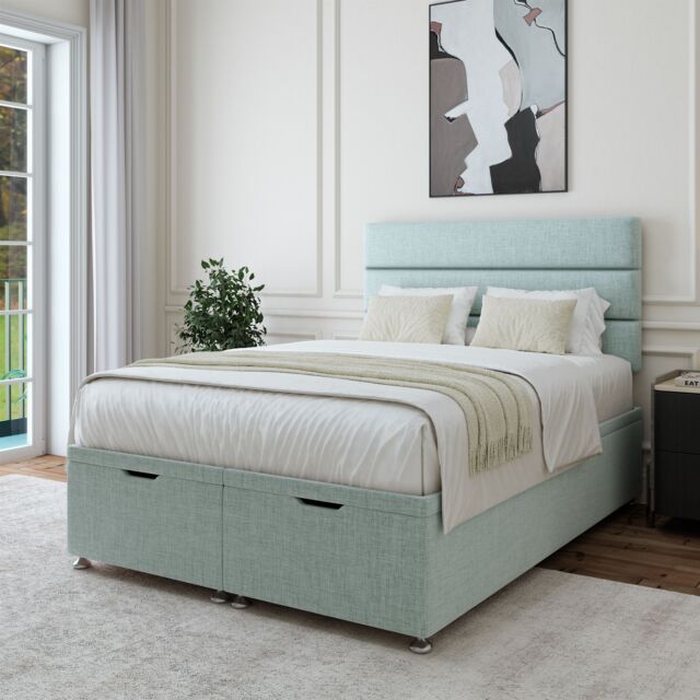 Bedmaster Linen Ottoman Divan Base & Lined Headboard in Duck Egg Blue - Size: Single - image 1