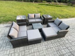 Fimous Outdoor Lounge Sofa Set Wicker PE Rattan Garden Furniture Set with Square Coffee Table Double Seat Sofa Big Footstool in Dark Grey - thumbnail 2