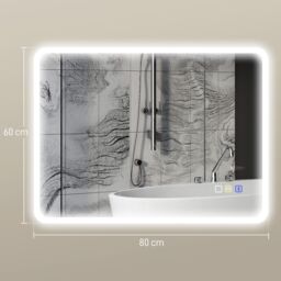 HOMCOM 600 x 800 mm Bluetooth Bathroom Mirror with LED Lights Wall Mounted in Silver - Size: 800mm x 600mm - thumbnail 3