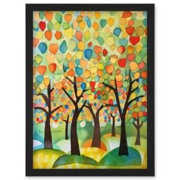 Artery8 Apple Tree Orchard Abstract Folk Art Landscape Watercolour Painting Artwork Framed Wall Art Print A4 in Black - thumbnail 1