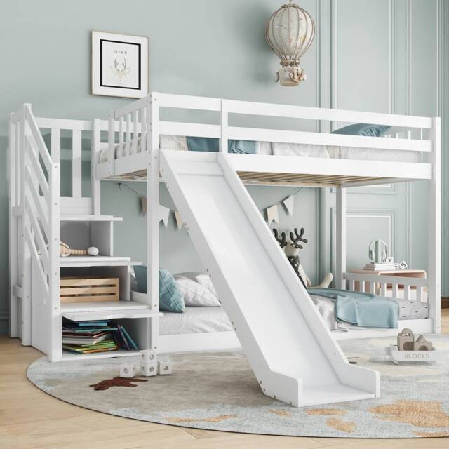 BTM Kids Bunk Bed with Stairs & Slide, Solid Pine Frame, 90×190 cm, White - Size: Single - image 1