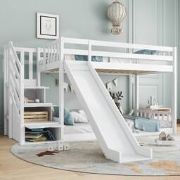 BTM Kids Bunk Bed with Stairs & Slide, Solid Pine Frame, 90×190 cm, White - Size: Single