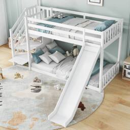 BTM Kids Bunk Bed with Stairs & Slide, Solid Pine Frame, 90×190 cm, White - Size: Single - thumbnail 3