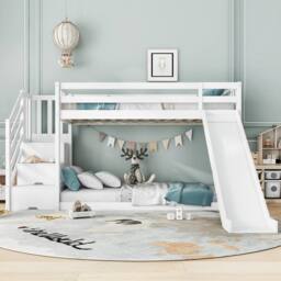 BTM Kids Bunk Bed with Stairs & Slide, Solid Pine Frame, 90×190 cm, White - Size: Single - thumbnail 2