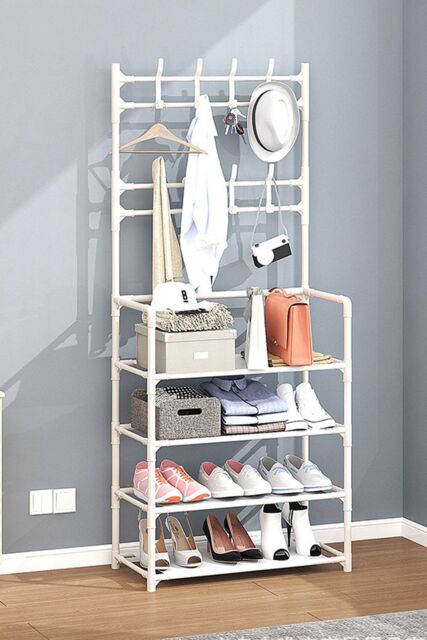 Living and Home 4 Layer Shoe Rack Multi-Layer Metal Garment Cap Rack with 8 Double Hooks in White - image 1