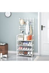 Living and Home 4 Layer Shoe Rack Multi-Layer Metal Garment Cap Rack with 8 Double Hooks in White - thumbnail 4