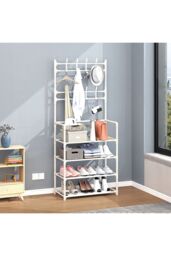 Living and Home 4 Layer Shoe Rack Multi-Layer Metal Garment Cap Rack with 8 Double Hooks in White - thumbnail 3