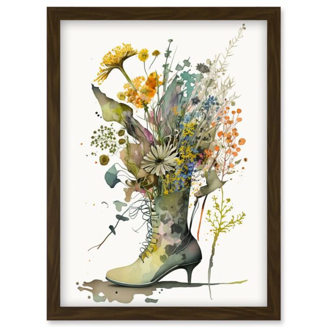 Artery8 Spring Wildflower Bouquet Stiletto Military Boot Artwork Framed Wall Art Print A4 in Brown - image 1